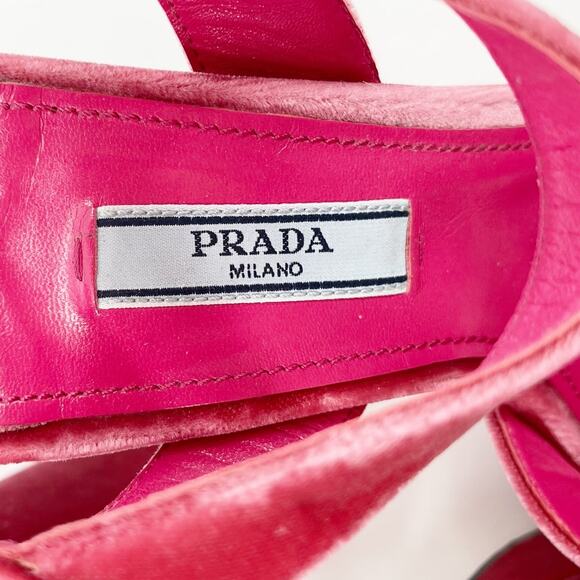 Prada Pink Velvet Crisscross Platform Block Heel Ankle Strap Sandals size IT 36 - Picture 9 of 13